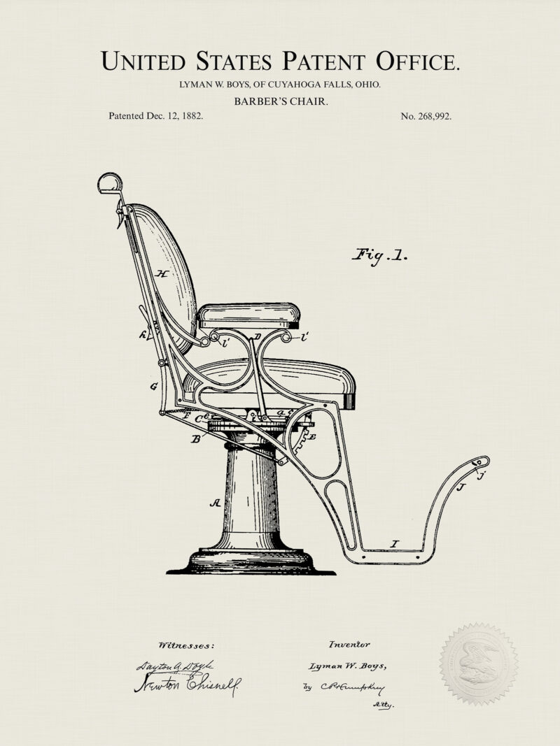 Barber's Chair Design | 1882 Patent Print