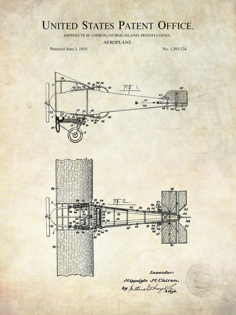 Vintage Biplane - 1919 Patent Print