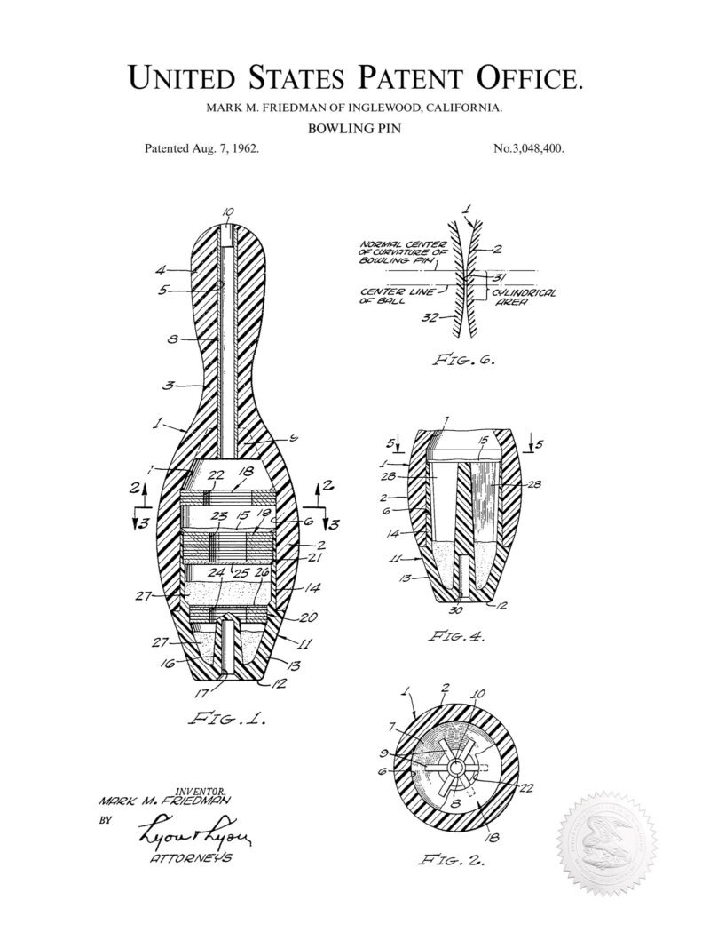 Bowling Pin Design | 1962 Patent Print