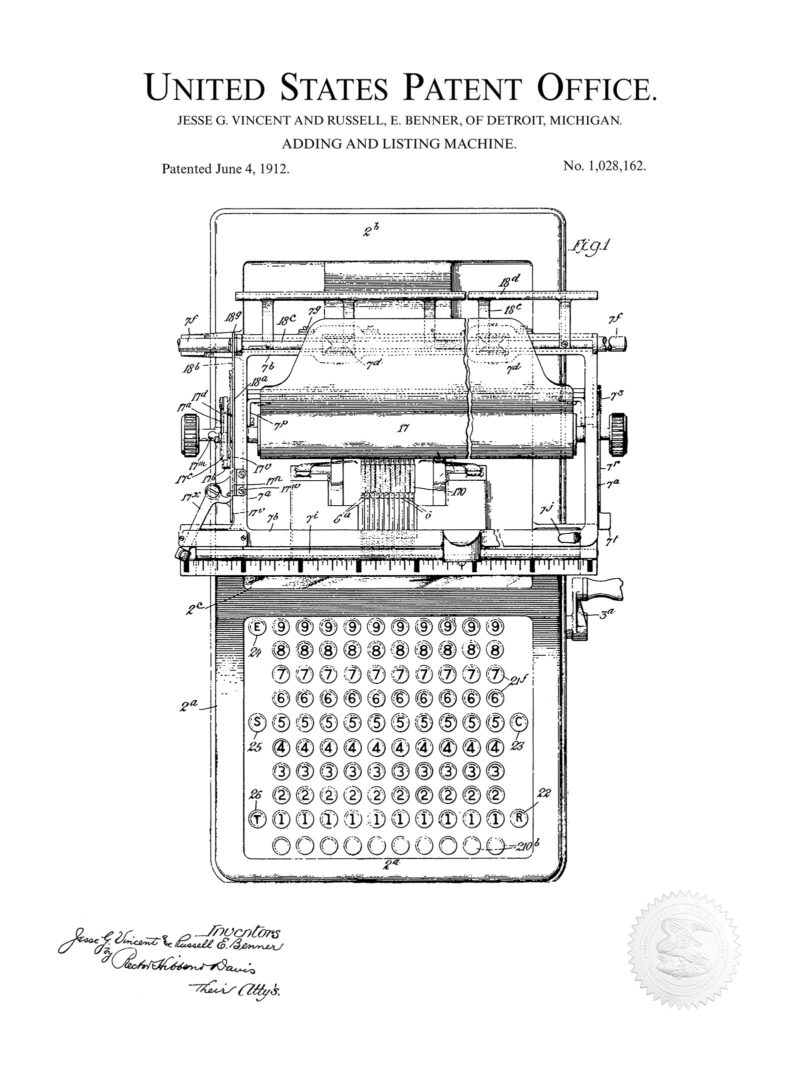 Adding Machine | 1912 Patent | Vintage Office Decor