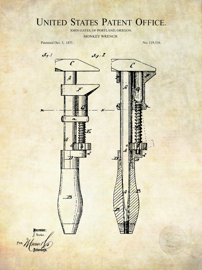 Monkey Wrench Design | 1871 Patent Print