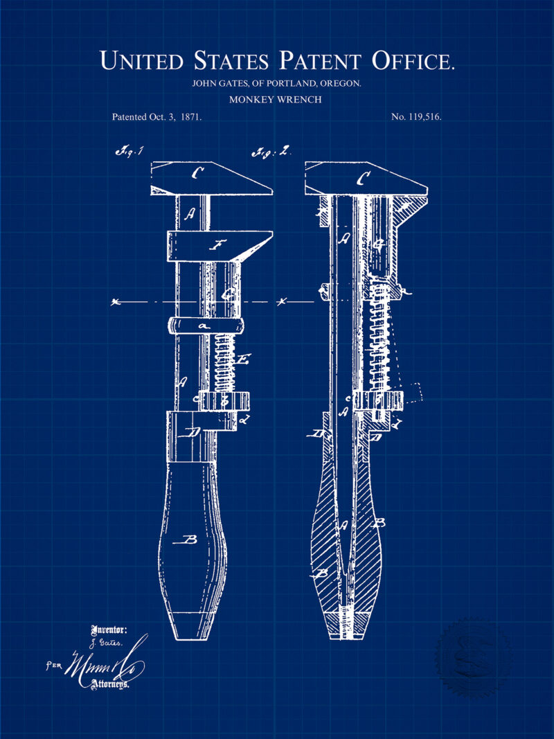 Monkey Wrench Design | 1871 Patent Print