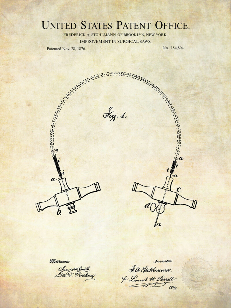 Surgical Saw | 1876 Patent Print | Antique Medical Decor