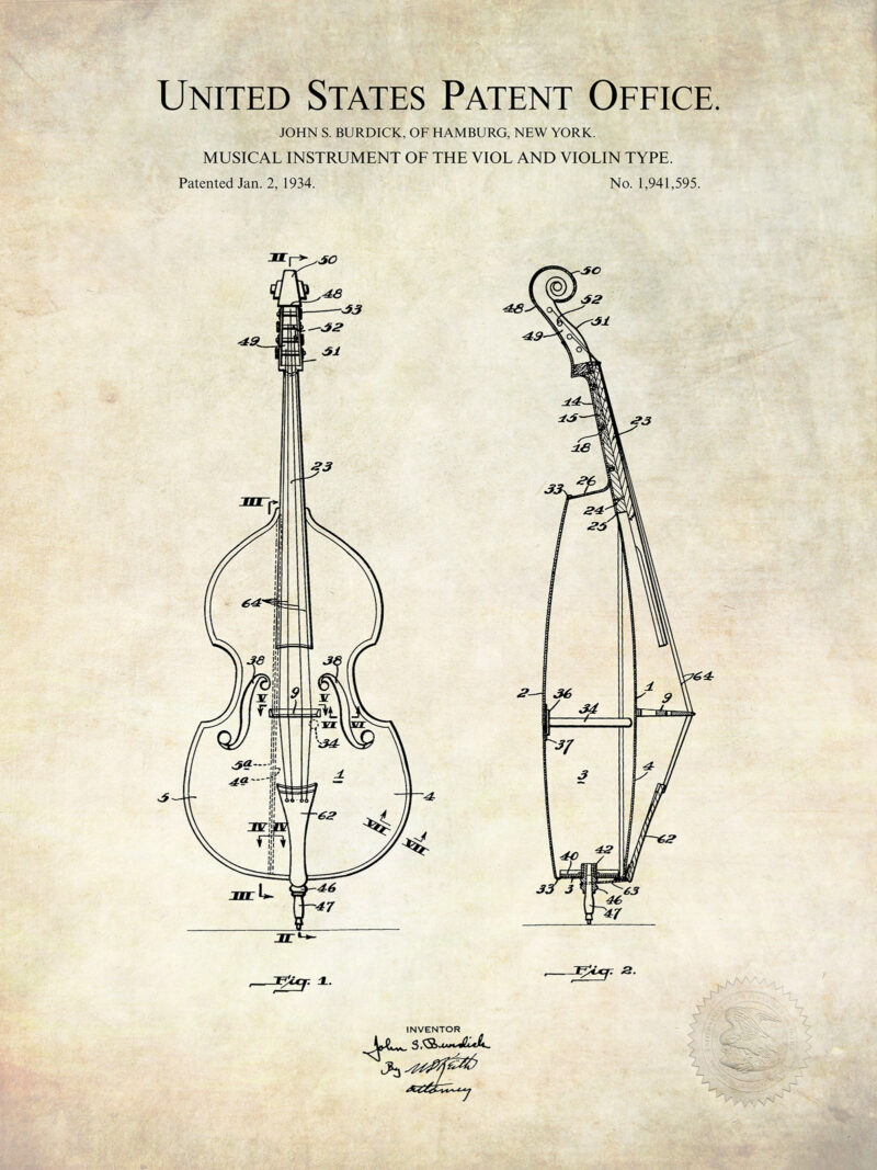 Bass Violin Design | 1934 Patent Print