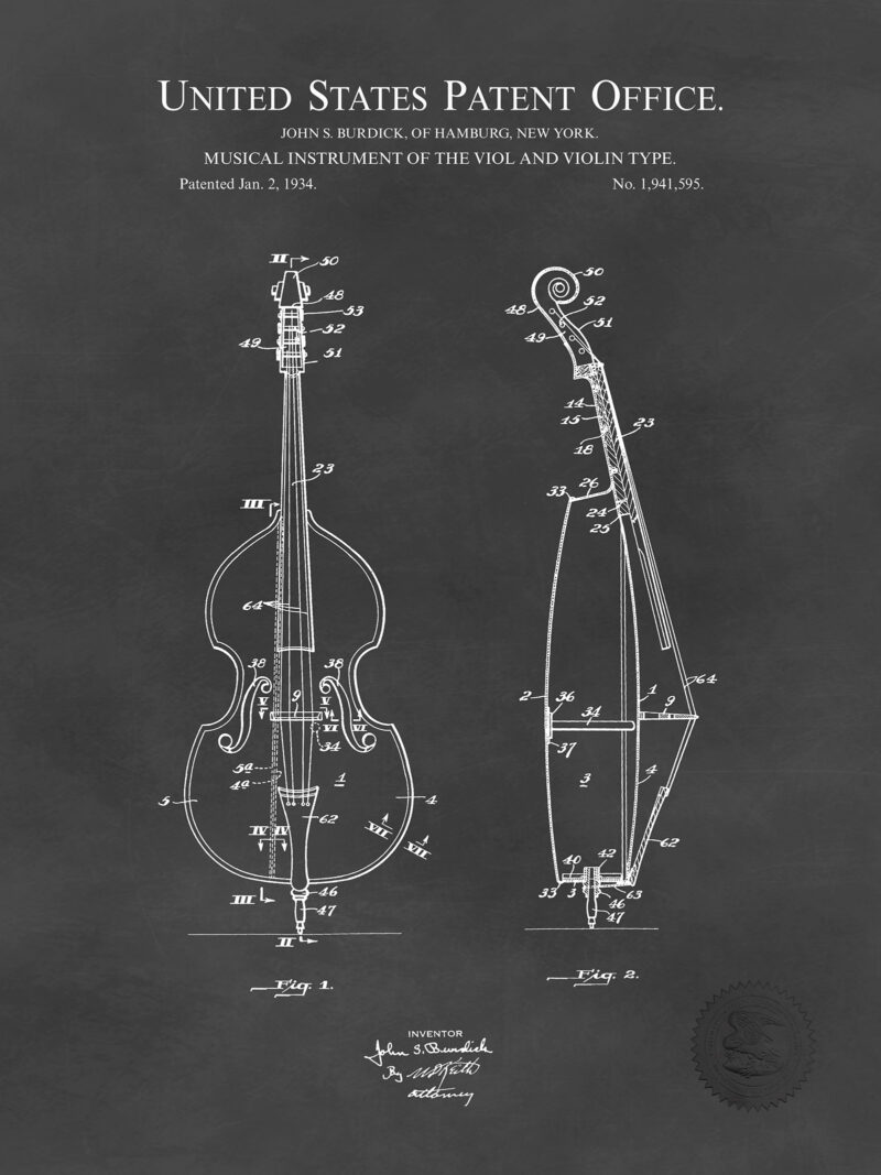 Bass Violin Design | 1934 Patent Print