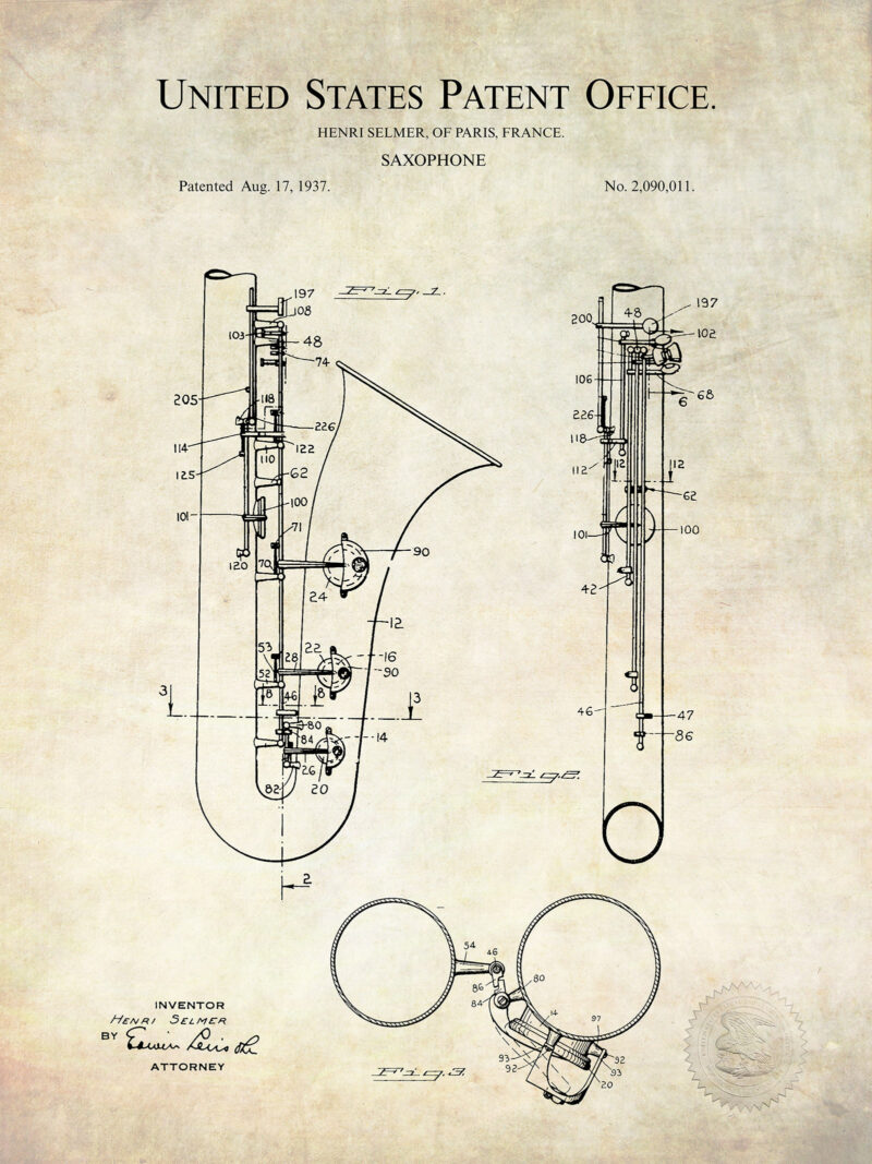 Saxophone Design | 1937 Patent Print