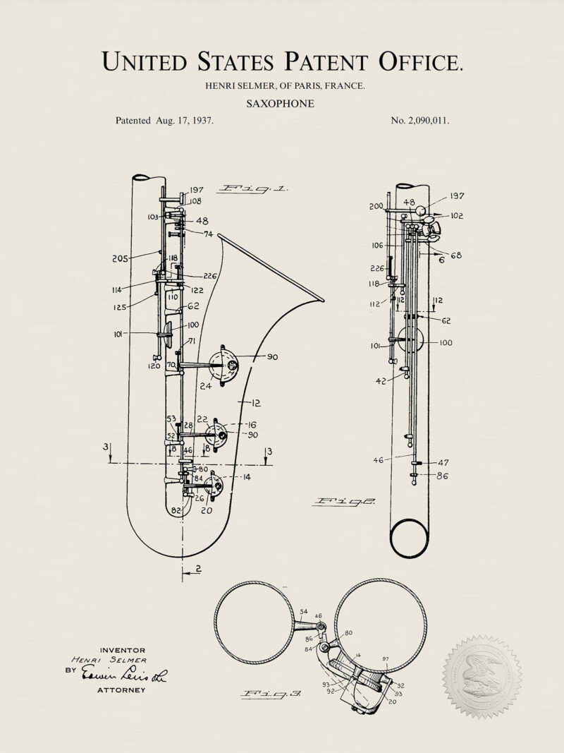 Saxophone Design | 1937 Patent Print