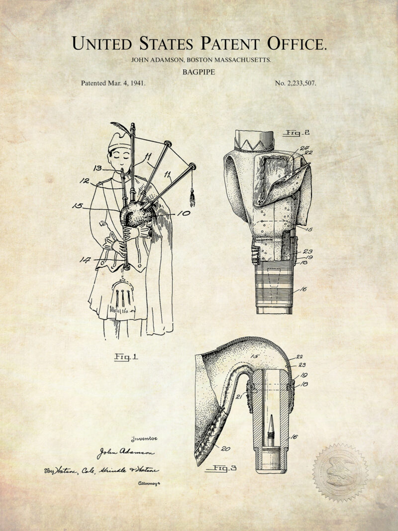 Bagpipe Design | 1940 Patent Print