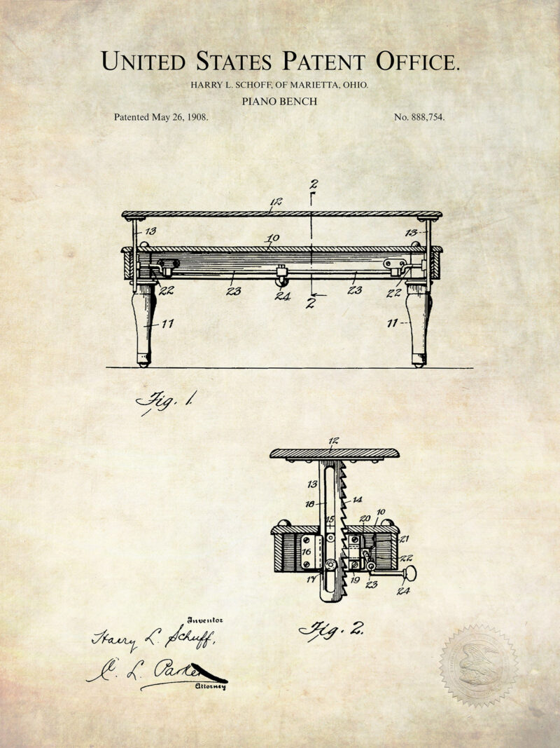 Piano Bench Design | 1908 Patent Print