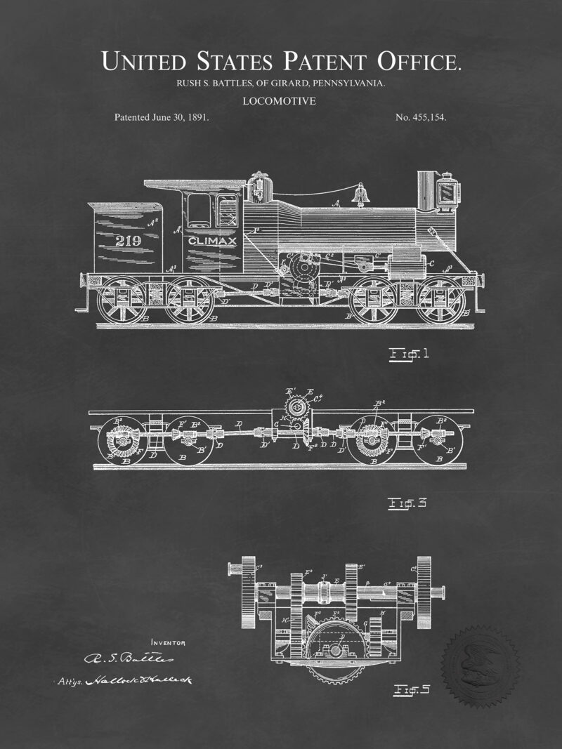 Early Train Locomotive | 1891 Patent Print