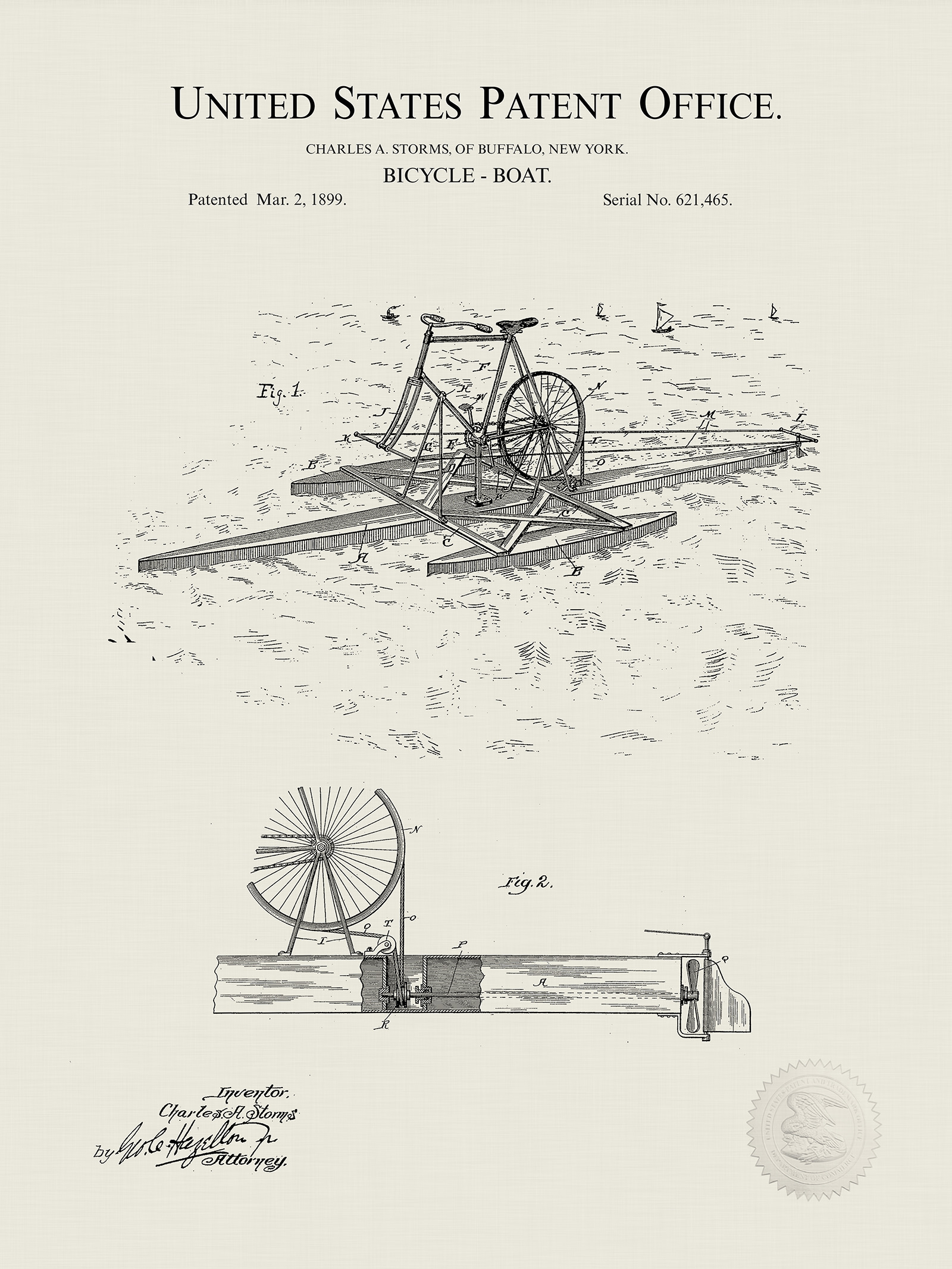 Bicycle Boat  1899 Patent Print