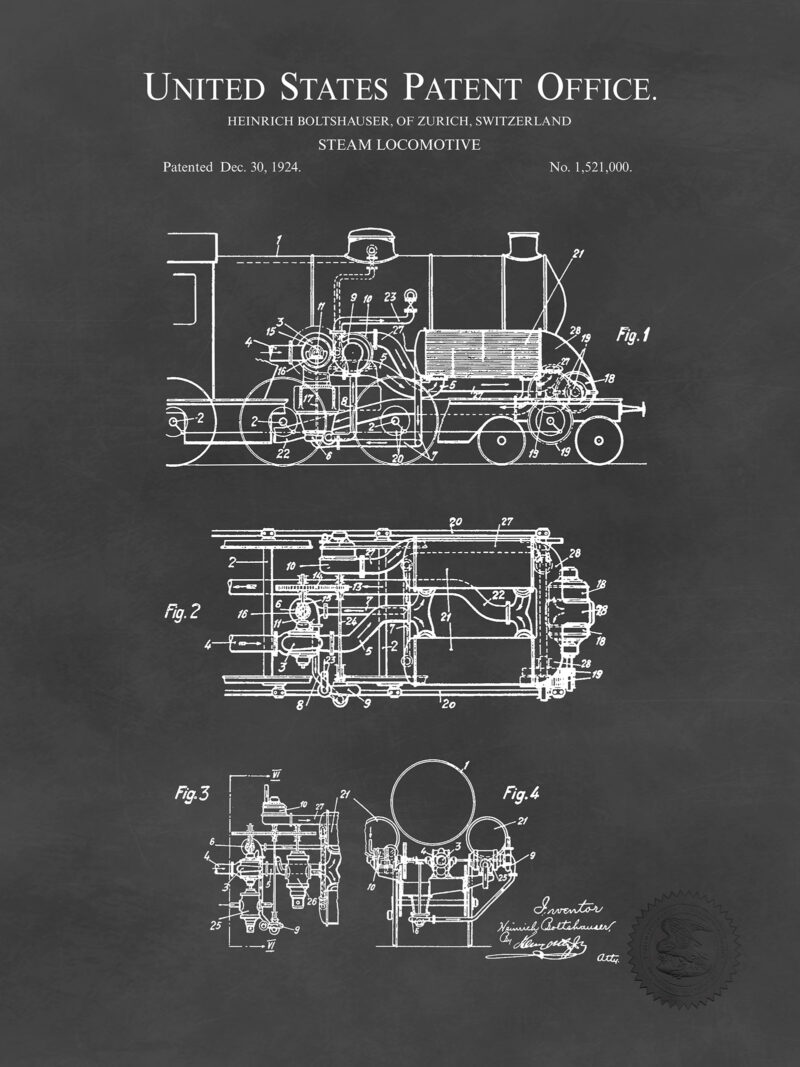 Steam Locomotive | 1924 Patent Print