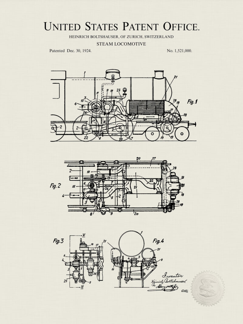 Steam Locomotive | 1924 Patent Print