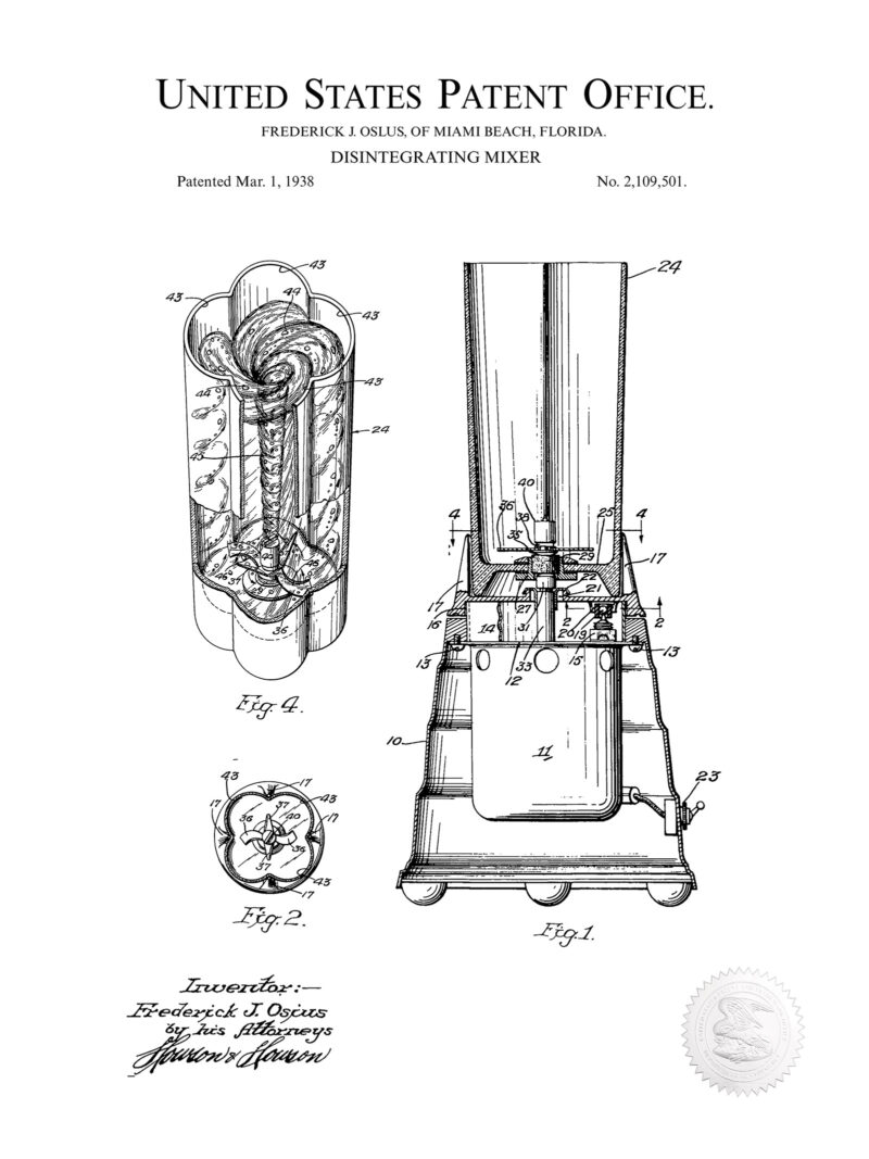 Kitchen Blender | 1938 Patent Print