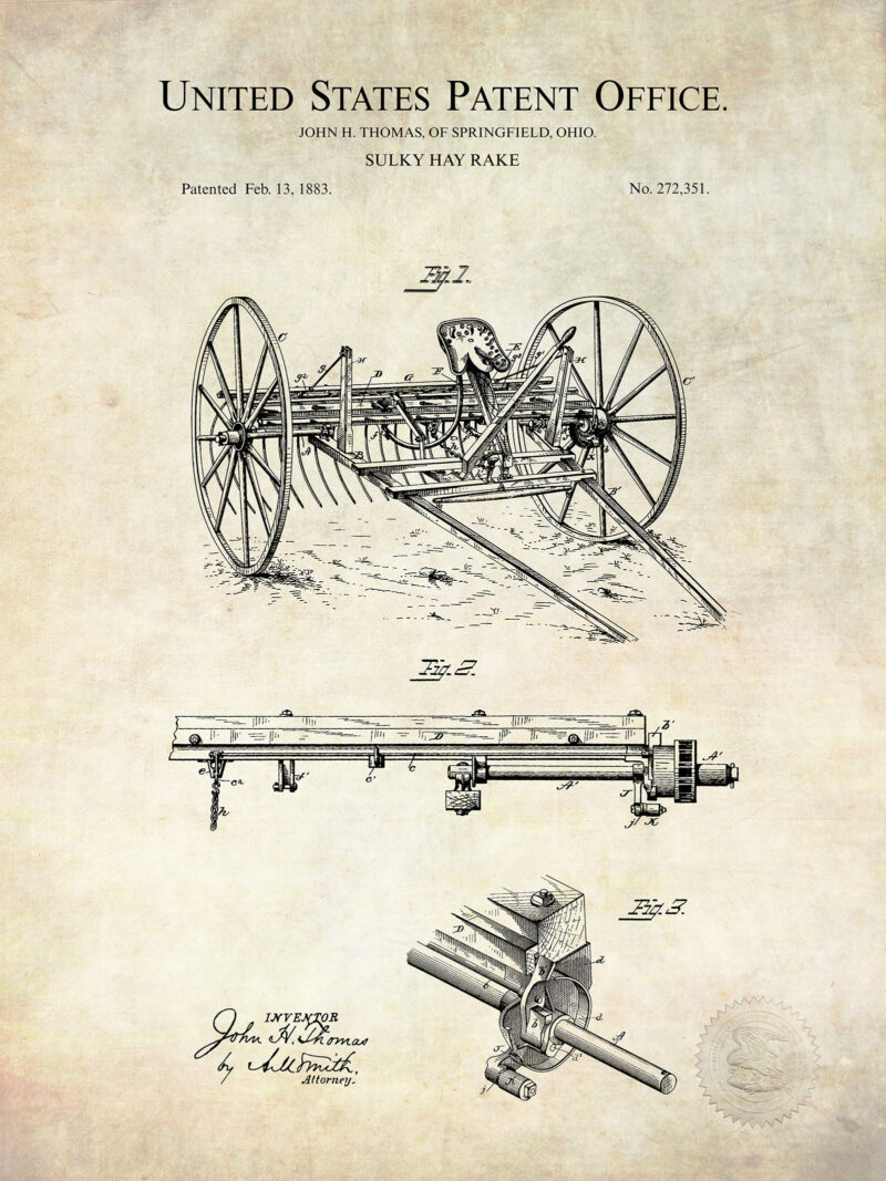 Sulky Hay-Rake | 1883 Patent Print