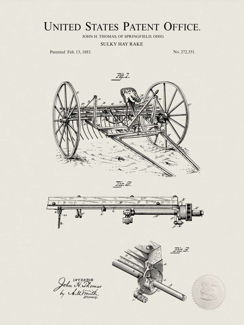 Sulky Hay-Rake | 1883 Patent Print