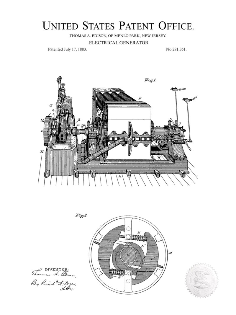 Thomas Edison Electric Generator | 1883 Patent
