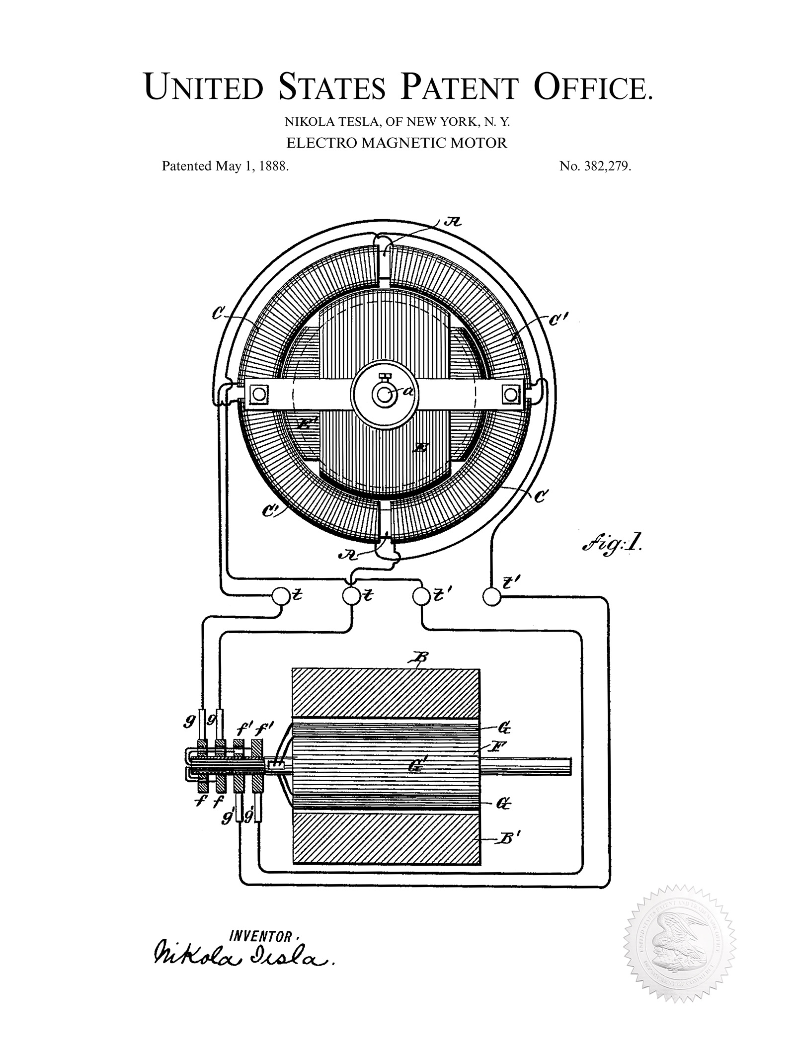 Tesla Electro-Magnetic Motor, 1888 Print Shop