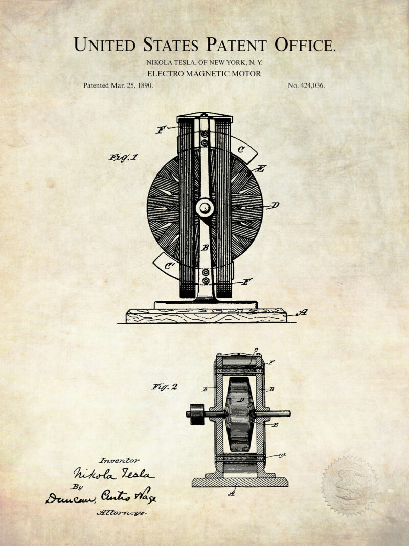 Tesla Patent Print | 1890 Electro Magnetic Motor