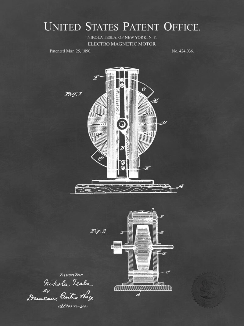 Tesla Patent Print | 1890 Electro Magnetic Motor