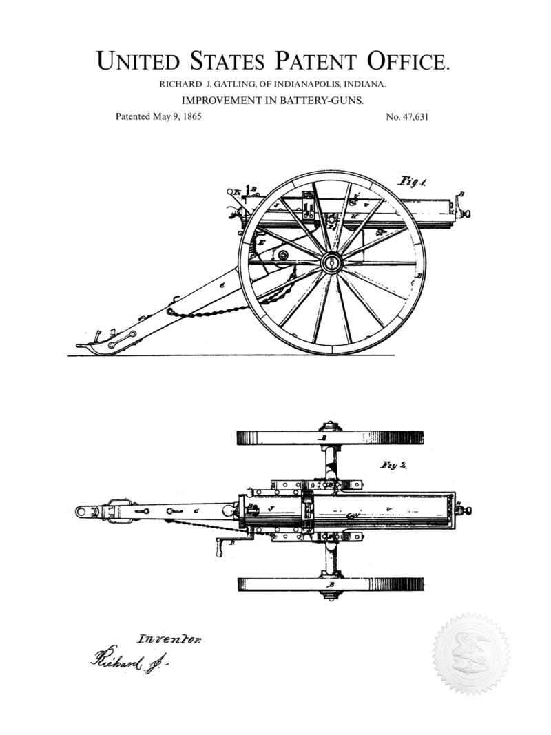 Gatling Machine Gun | 1865 Patent Print