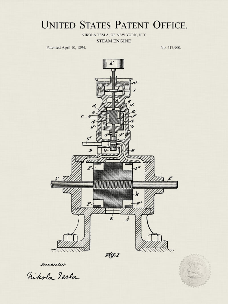 Nikola Tesla Invention | 1984 Steam Engine Patent Print