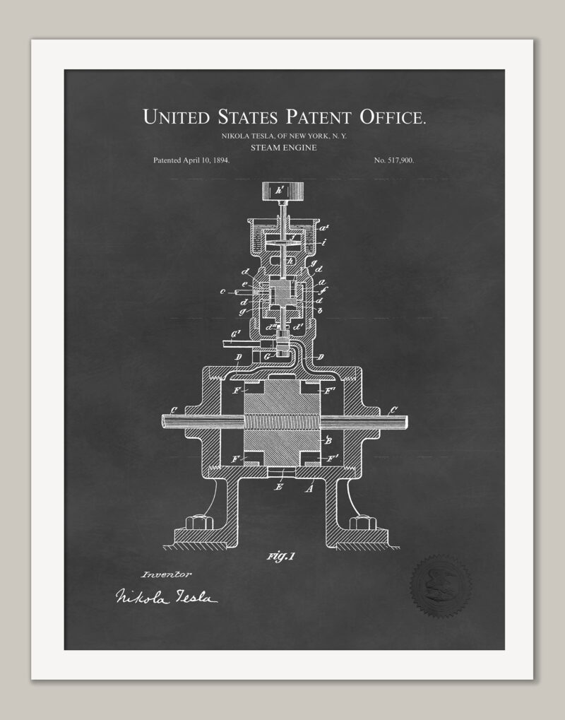 Nikola Tesla Invention | 1984 Steam Engine Patent Print