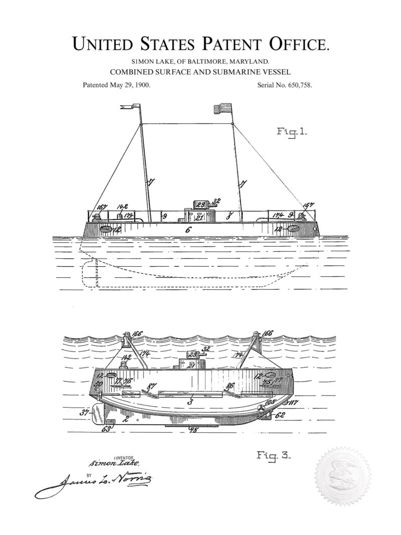 1900 SURFACE and SUBMARINE VESSEL Patent Print
