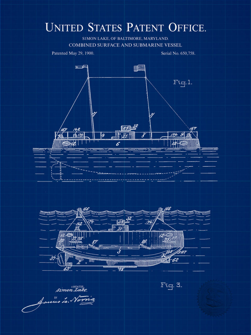 1900 SURFACE and SUBMARINE VESSEL Patent Print