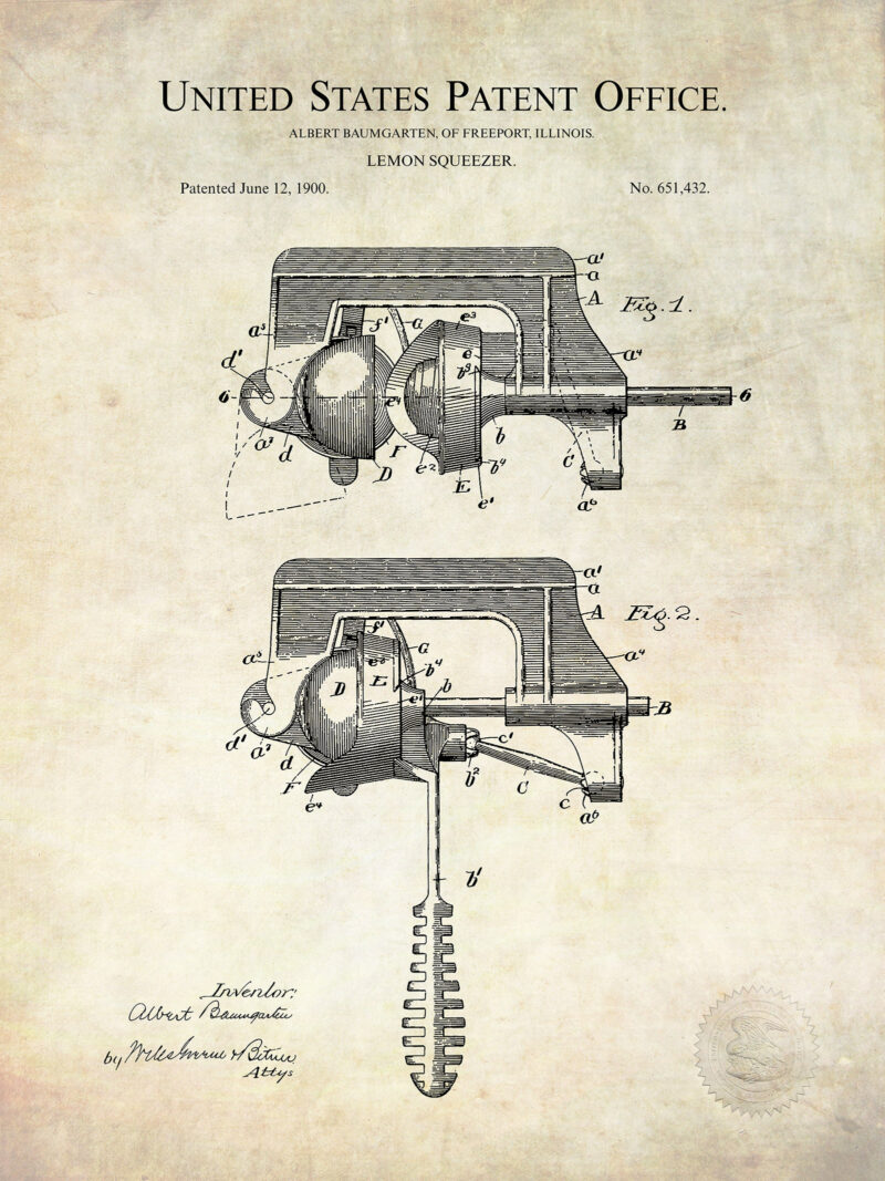 Lemon Squeezer Design | 1910 Patent Print