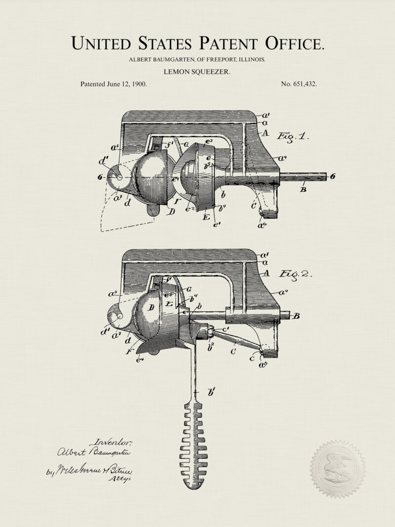 Lemon Squeezer Design | 1910 Patent Print