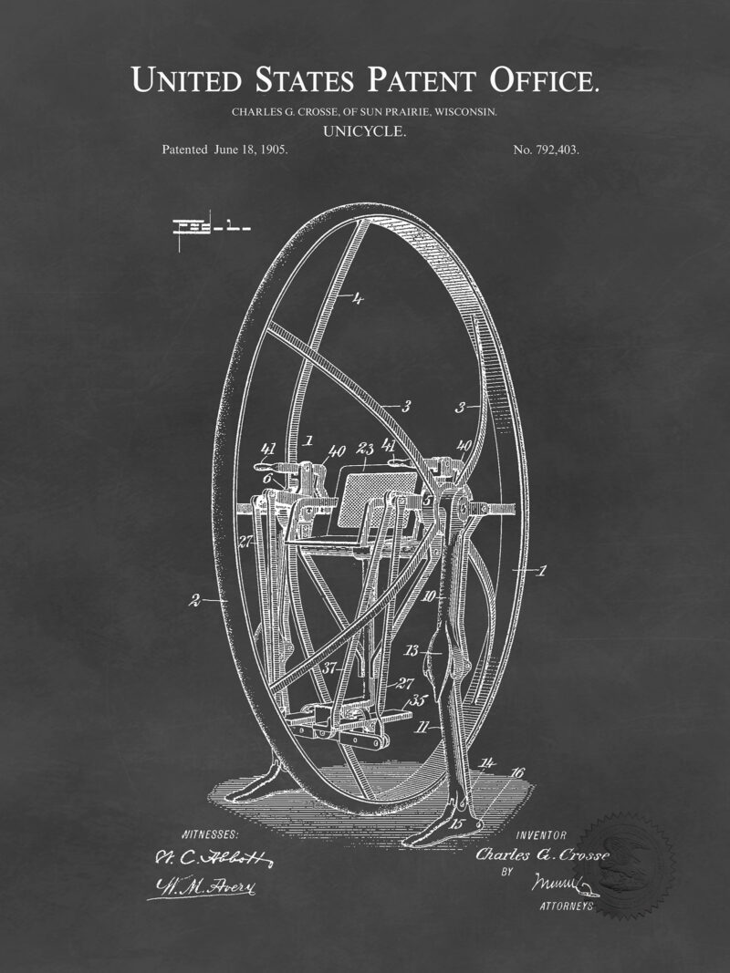 Vintage Unicycle Print, 1905 Steampunk Patent