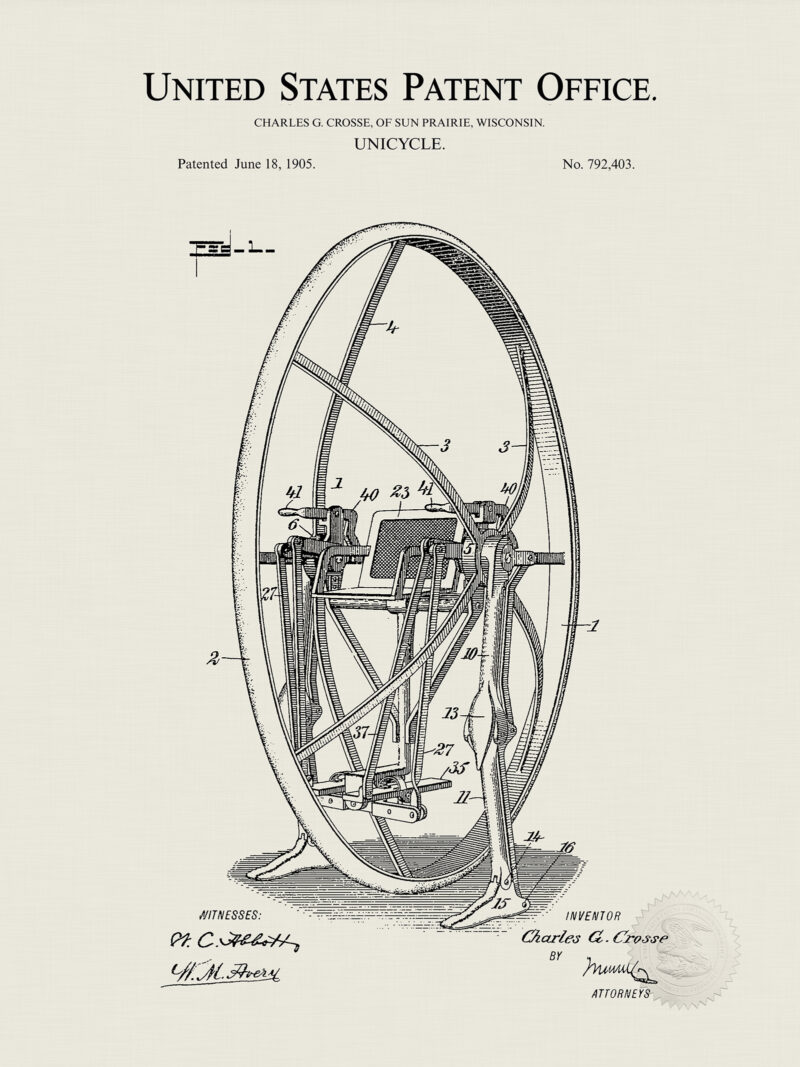 Vintage Unicycle Print, 1905 Steampunk Patent
