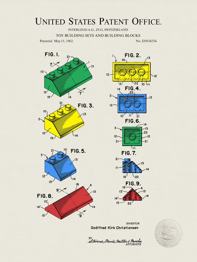 Interlocking Building Bricks | 1962 Patent Print